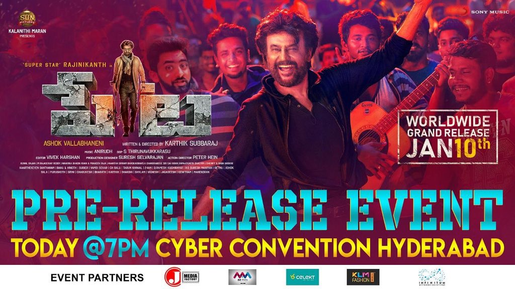 PetaOffl's tweet photo. Today is the Pre-Release event function of super star @rajinikanth #Peta at cyber convention,Hyderabad from 7:00pm
#GetRajinified
#4DaysToGoForPETA
#Peta
#Pettaparaak
#PettaJan10thParaak
#PettaTelugu
#PettaPongalParaak
#PetaOnJan10th https://t.co/uE3o1358uT