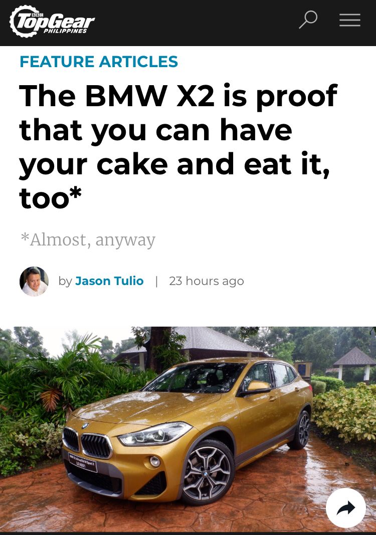 GNewsPH's tweet photo. GNewsPH Tech:

The BMW X2 is proof that you can have your cake and eat it, too*

For more, go to https://t.co/5eWqTwDLbz
Decentralized News Curation

#technews #tech #thelatest #cars #carporn #bmw #bmwx2 #topgear #classy #sportscar #highendcar https://t.co/jEBdcVwqbV
