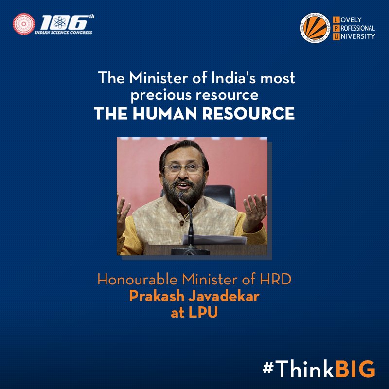 lpuuniversity's tweet image. LPU welcomes the sedulous and inspiring leader, Honourable Minister of HRD, Mr. @PrakashJavdekar at the 106th edition of Indian Science Congress.

We look forward to an educative and enlightening session.
#ISCatLPU #ThinkBIG #IndianScienceCongress #HRDminsiterAtLPU