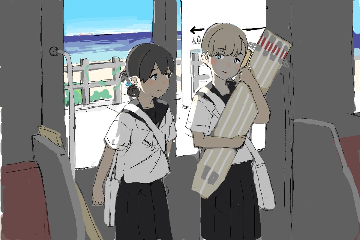 kasuga maru (kancolle) multiple girls blue eyes 2girls skirt blonde hair bangs school uniform  illustration images