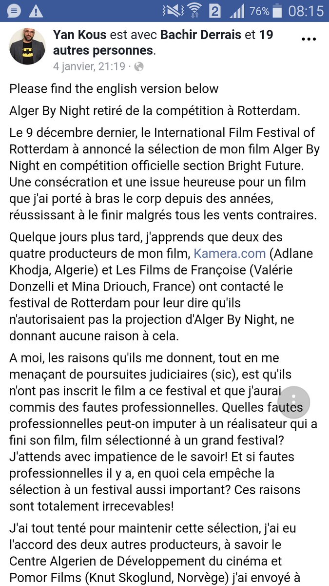 Retrait du film Alger By Night de la compétition au festival de Rotterdam

<a href="/IFFR/">IFFR</a> <a href="/valeriedonzelli/">Valérie Donzelli</a>
<a href="/ValerieDonzell1/">Valerie Donzelli</a> @uniFrance <a href="/DohaFilm/">Doha Film Institute</a>
<a href="/LeCNC/">Le CNC</a> <a href="/InstitutFr/">Institut Francais</a> <a href="/lafemisparis/">La Fémis</a> <a href="/cinemadumonde/">Cinema du Monde</a>
#Cinema #films #Rotterdam #kisskissbankbank <a href="/Kissbankers/">KissKissBankBank</a> 
m.facebook.com/story.php?stor…