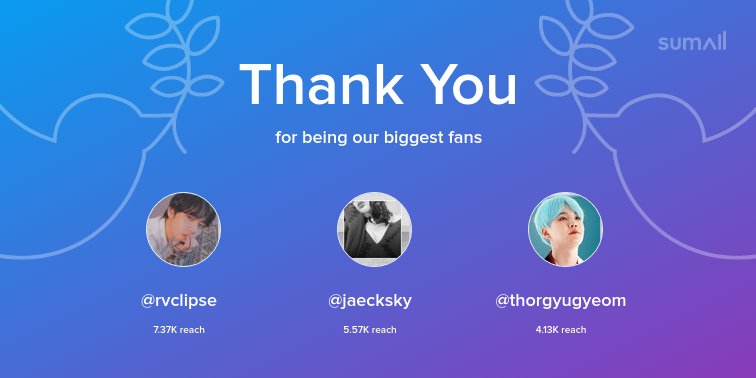 Our biggest fans this week: @rvclipse, @jaecksky, @thorgyugyeom. Thank you! via sumall.com/thankyou?utm_s…