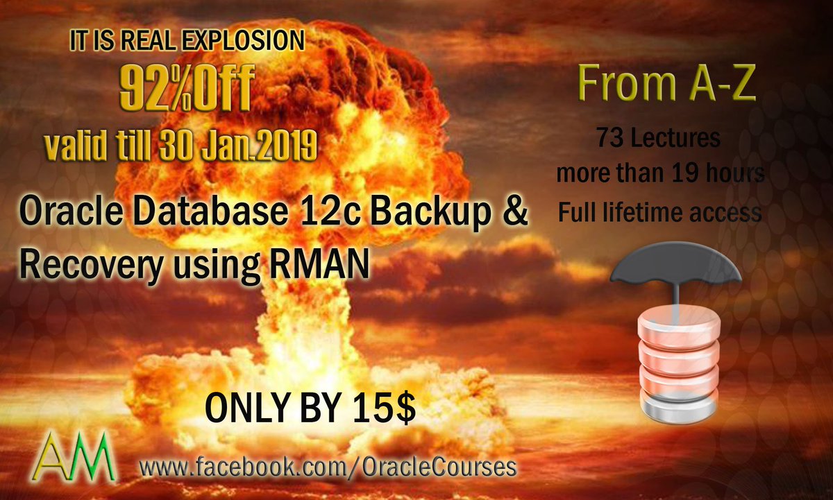 OracleCourse's tweet image. Take your 2019 gift coupons NOW, Offer valid till 10January.2019  
Full lifetime access video lectures for professionals in:
Oracle Database 12c Backup and Recovery using RMAN ,92%off Buy it by 15$
a coupon is
udemy.com/oracle-databas… 

#BigDataRetweet #businessintelligence #B4PDB
