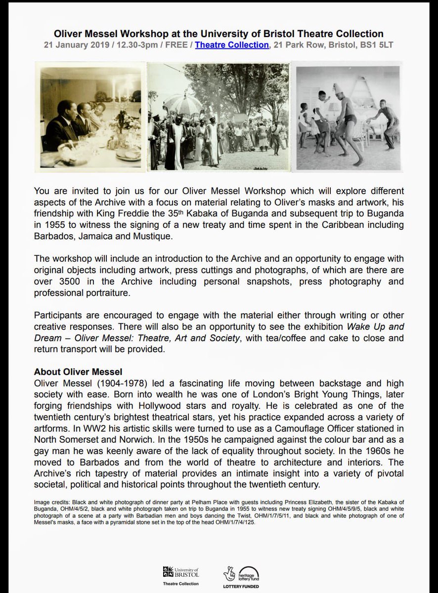 I will be facilitating a Free Creative writing workshop Jan 21st all welcome but aimed at diverse over 50s  #TheatreCollection #OliverMessel @BristolUni 
@Ujimaradio @BabBristol @ageukbristol @BCfmRadio @Ujimaradio @ArnolfiniArts @bristol247 @BristolPride