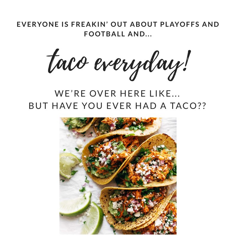 PembrokeTaxes's tweet photo. Everyone is talking about Playoffs and football and we’re just over here like... but have you ever HAD A TACO?
#tacosoverbros
#tacoeveryday
#NFLPlayoffs
#CollegeFootball
#PembrokeAdvisors
#myfinancialfriend https://t.co/yBUoMDn5zA