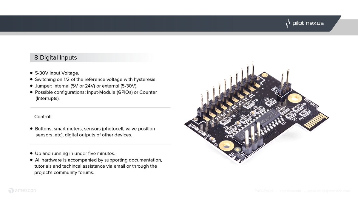 8 Digital Inputs plugin module.  

docs.pilotnexus.io   

#opensource #electronics #IoT #Internetofthings #Programming #Automation #Hacking #Technology #raspberrypi