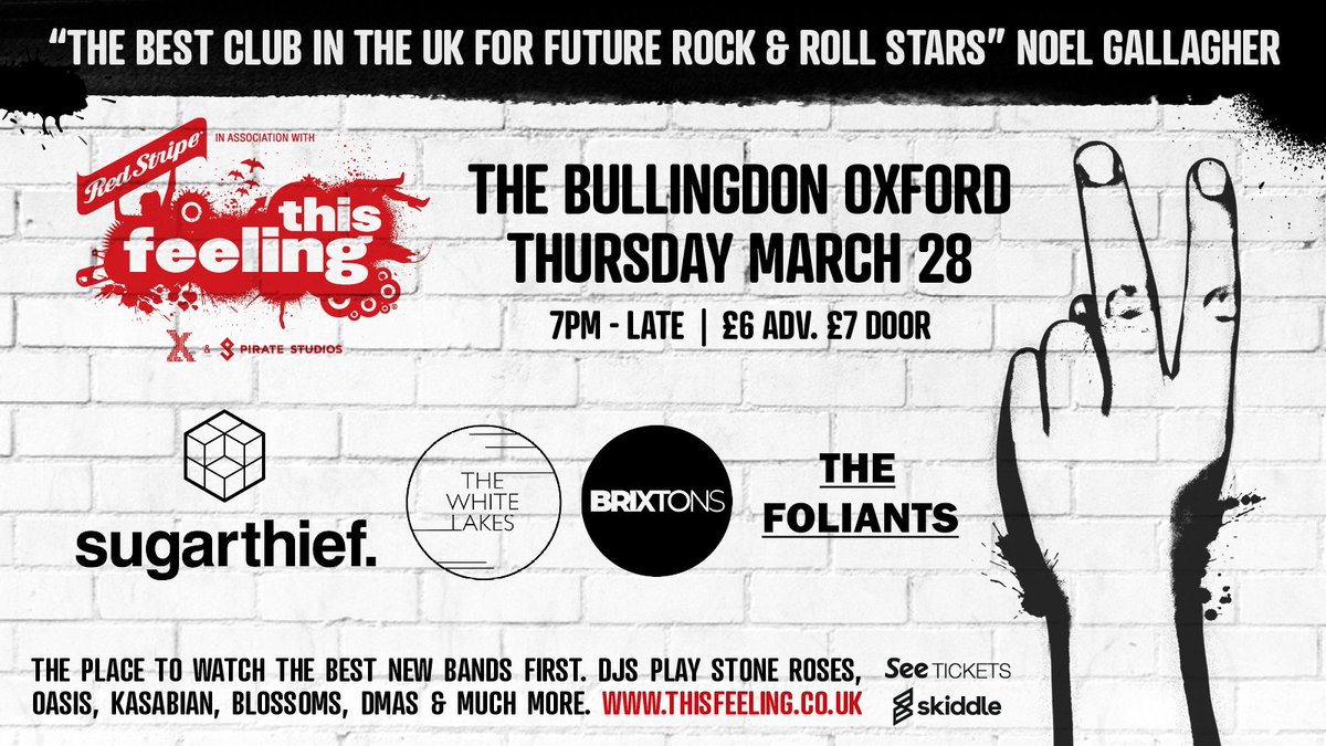 This_Feeling's tweet photo. #JustAnnounced @TheWhiteLakes #Brixtons + @thefoliants join @sugarthiefuk @TheBullingdon March 28

Tix: @seetickets  + @skiddle https://t.co/T5cbhp7X3N