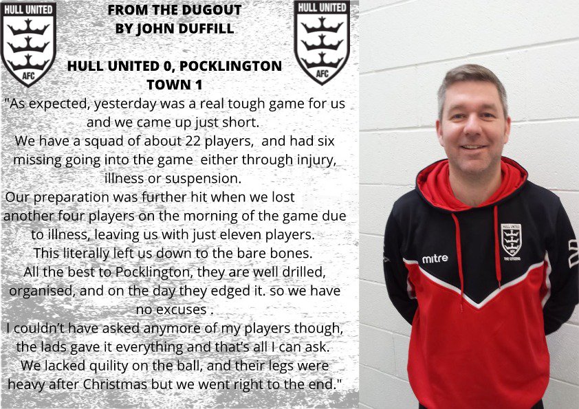 HullunitedAfc's tweet photo. The view of manager @DuffillJohn following the narrow defeat to @PockTownAFC yesterday.
Although offering no excuses, with only eleven fit players, the boss praised the effort of his depleted side, but also admitted his side were undone by a well drilled Pocklington team https://t.co/orJVvtXJv9