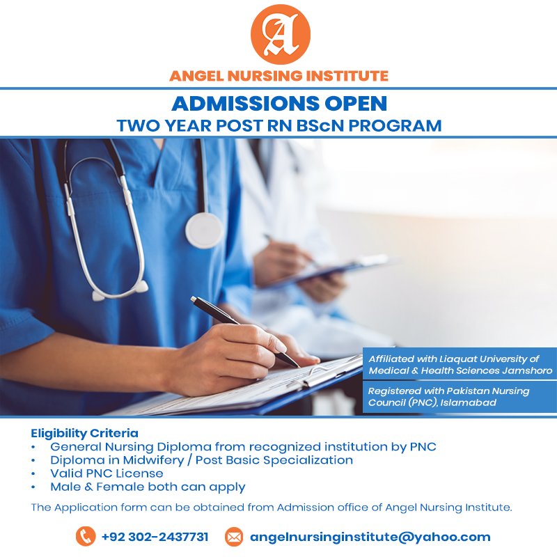 “Admissions Open” in Two Year Post RN BScN Program

The Application form can obtain from Admission office of Angel Nursing Institute.

Contact No.: +92 302-2437731 
Email: angelnursinginstitute@yahoo.com

#Nursing #NursingAdmissions #BScNProgram #AngelNursingInstitute