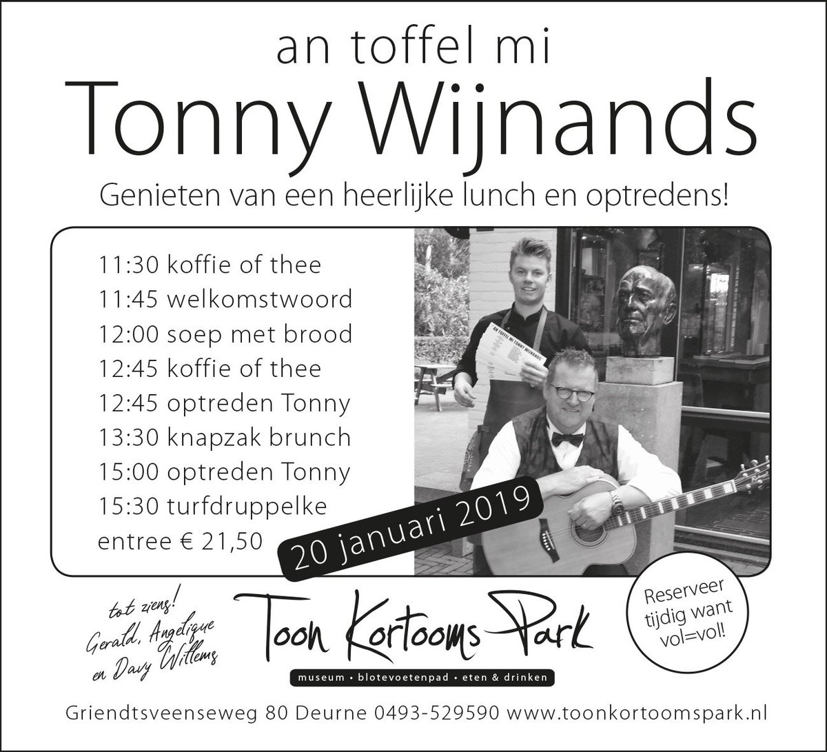Nog enkele plaatsen vrij voor "An toffel mi Tonny" op zondag 20 januari <a href="/KortoomsPark/">Toon Kortooms Park</a> #gezellig #troubadour #knapzakbrunch Reserveer tijdig!