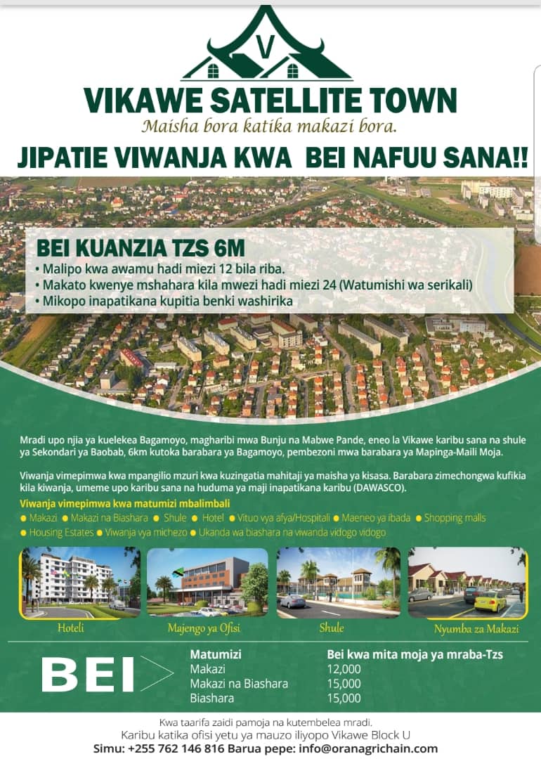 Vikawe Satellite Town

Jipatie Viwanja kwa bei nafuu

BEI KUANZIA TZS 6M
• Malipo kwa awamu hadi miezi 12 bila RIBA
• Makato kwenye mshahara kila mwezi hadi miezi 24 (watumishi wa serikali)
• Mikopo inapatikana kupitia mabenki washirika