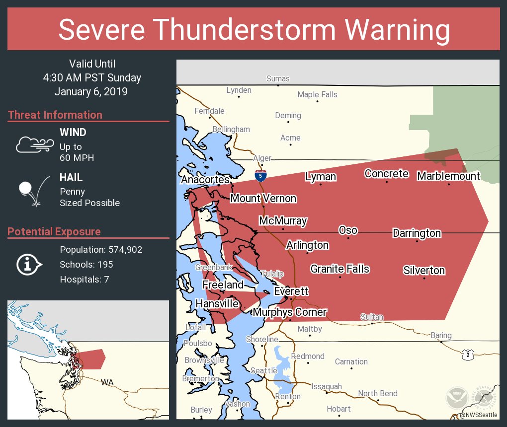NWSSeattle's tweet image. Severe Thunderstorm Warning continues for Everett WA, Marysville WA, Mount Vernon WA until 4:30 AM PST