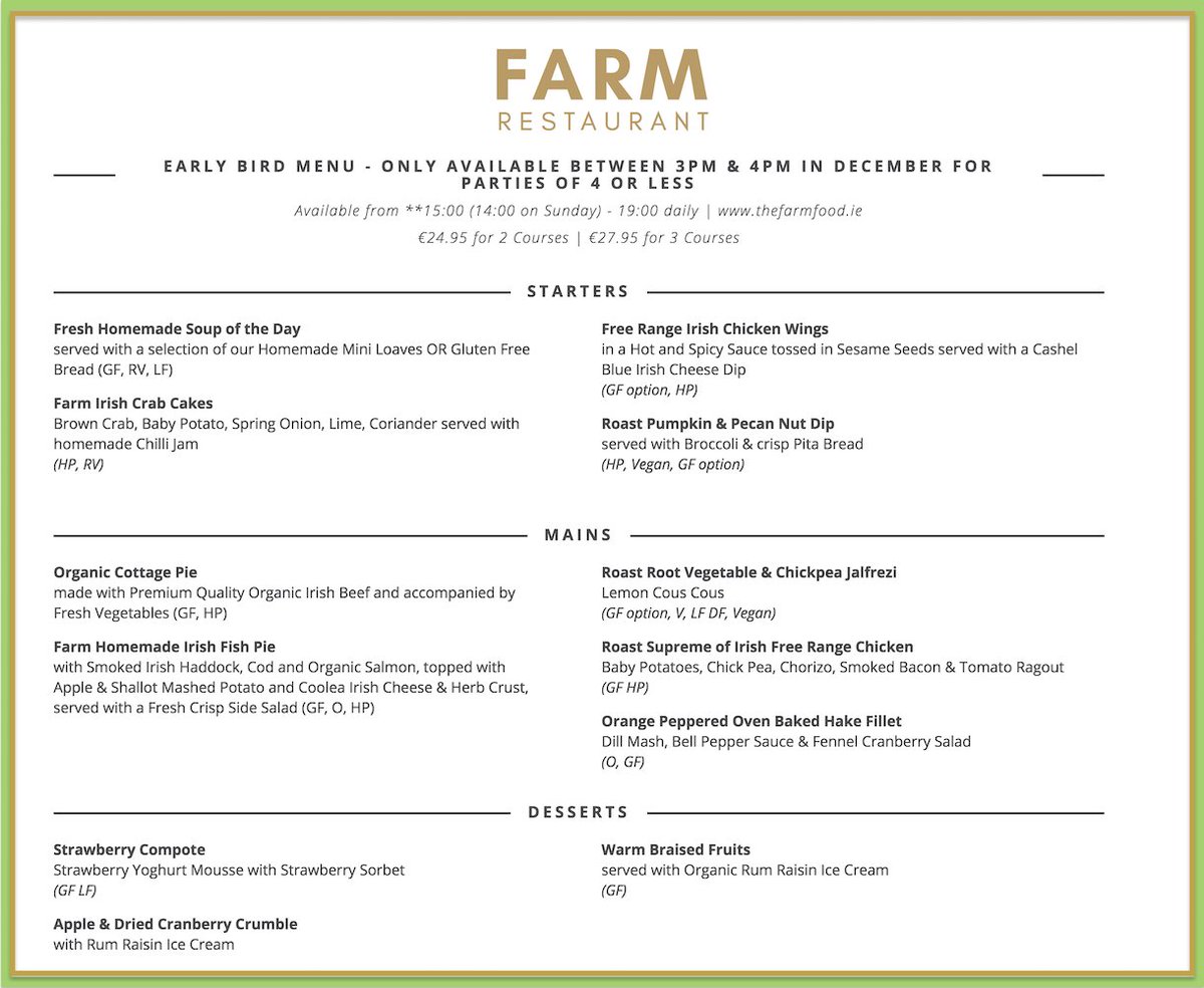 Discover one of Dublin's finest #EarlyBird menus at Farm restaurant. Enjoy 2 Courses for €24.95  | 3 Courses for €27.95. It's available 7 days/week from 3pm - 7pm (available from 2pm on Sundays). #Farm #Restaurant #Dinner #Menu #DawsonSt #Dublin