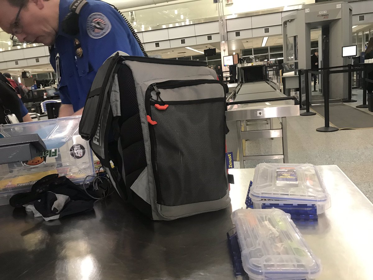 Him: “whats in the bag?” Me: “fishing tackle.” Him: “you know you should have checked this?” Me: “sir Ive been traveling like this for the past 10 years; I fish professionally.” Him: “Well with all this stuff you better be a pro!” Me: “laughing as he digs into the Berkley Gulp!”