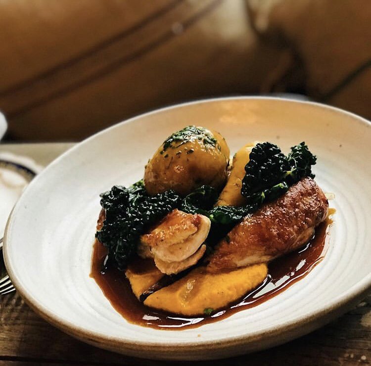 Pot roast guinea fowl and chestnut bread and butter pudding. Maple carrots and cavolo nero on the side for a delicious #sundaylunch 🍁