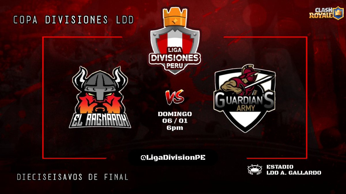 🇵🇪 COPA DIVISIONES PERÚ 🇵🇪

<a href="/El_RagnarokCR/">El Ragnarök</a> 🆚 @Team_GuardianGG

📆 Fecha: Domingo 06 enero
⏲️ Hora: 6:00pm 🇵🇪
🏟️ Clan: LDD A. GALLARDO
🎯 Fase: PRIMERA RONDA
🏁 Árbitro: @alexzugamer
📺 Caster: por definir

#LDD_PERÚ 🇵🇪