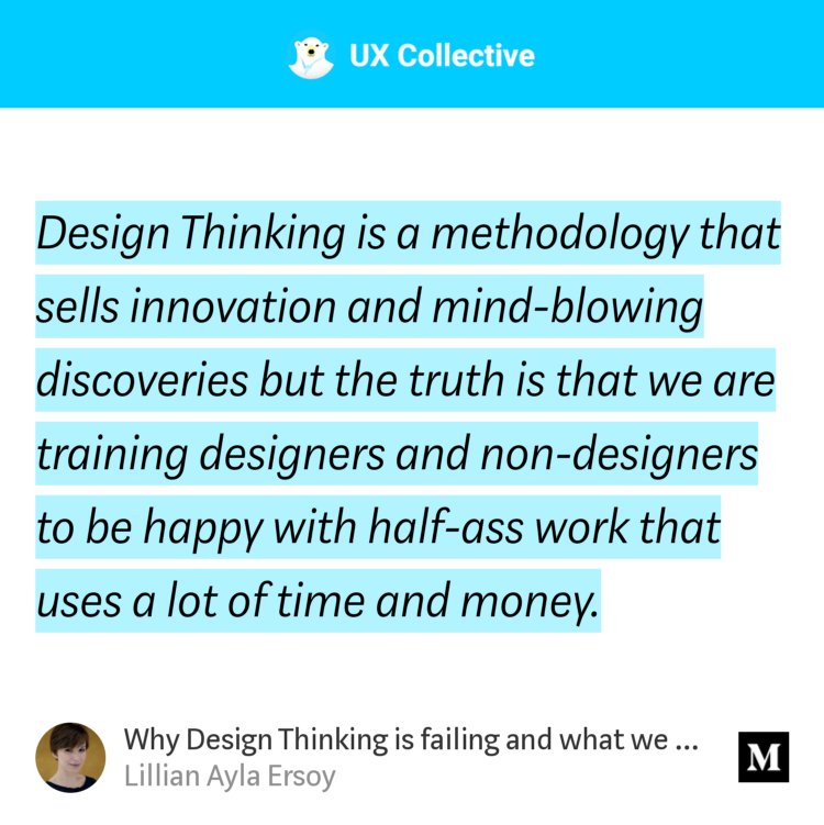 uxisready's tweet photo. "Why Design Thinking is failing and what we should be doing differently" - @LillianAyla https://t.co/XhFxz4irfZ https://t.co/CR65nnq5HQ