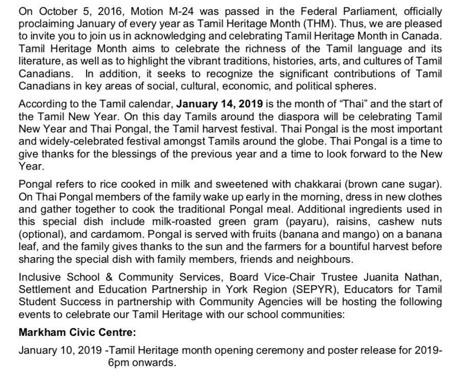 yrdsbinclusion's tweet photo. A number of events will be taking place throughout January @yrdsb to celebrate #TamilHeritageMonth.Tamil Heritage Month aims to celebrate the richness of Tamil language &amp; to highlight the vibrant traditions, histories, arts, cultures &amp;contributions of Tamil Canadians. #yrdsb https://t.co/9QXVIm91sm