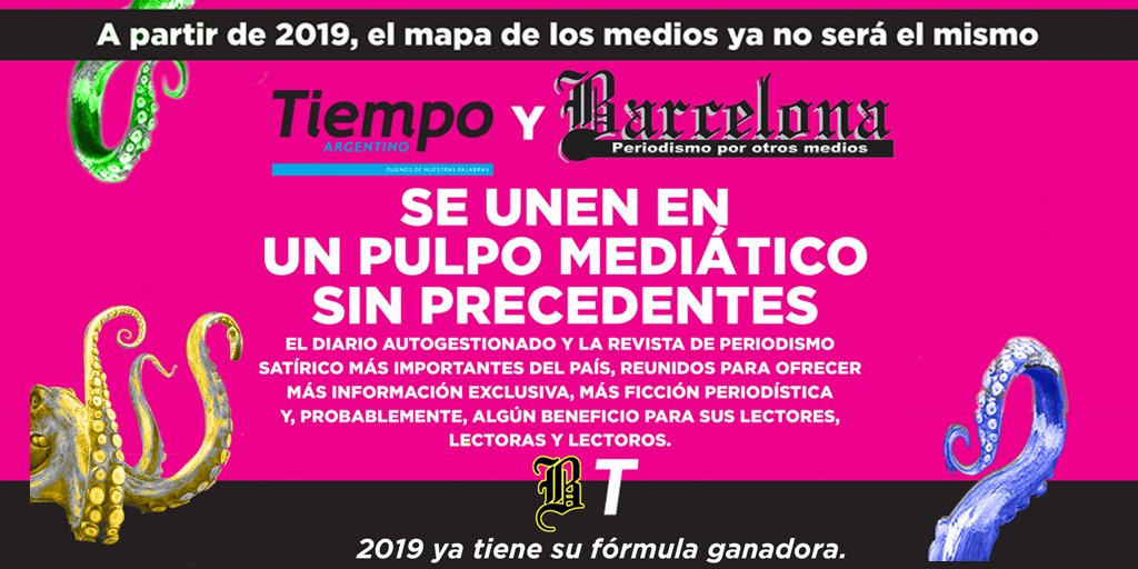 .<a href="/tiempoarg/">Tiempo Argentino</a> y Revista Barcelona se unen en un pulpo mediático sin precedentes.

👉 bit.ly/formulaganadora