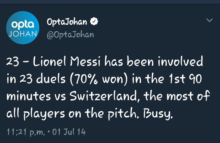 24. Not yet ready to acknowledge his passion and commitment for  ?. Look at this stat from 2014WC  . He hardly does this for Barca ever since pep left. But he puts in that extra effort to win possession playing for  ?. His take on stats has always been crazy for Arg