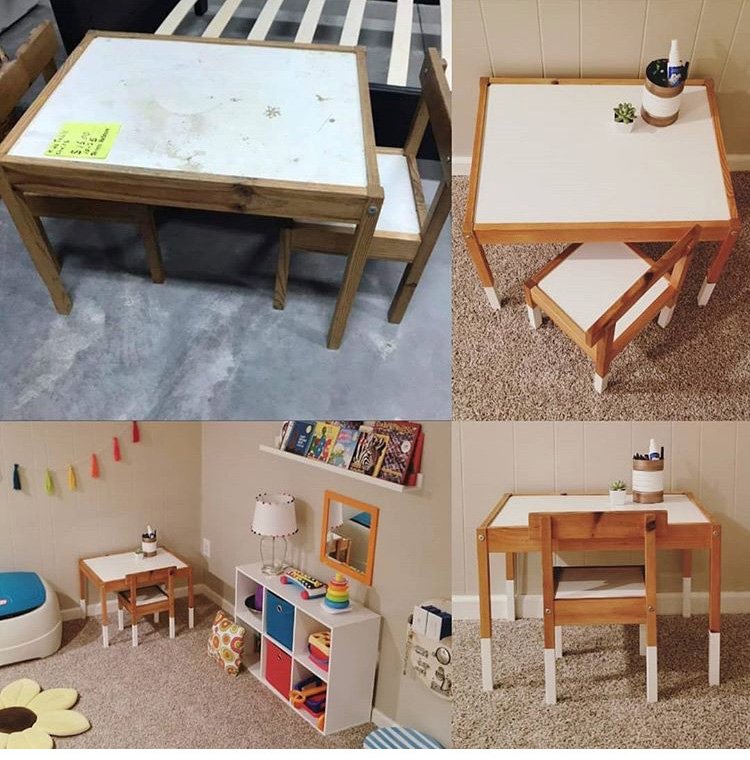 BloNoReStore's tweet photo. Happyhodgepodgery gave new life to this kids' table set from the ReStore. She painted the legs, replaced the tabletop and seat with a whiteboard panel, and sealed the wood with a clear lacquer spray paint. She even got a ReStore lamp and added pompoms for a personal touch! https://t.co/kesk4ugMwz