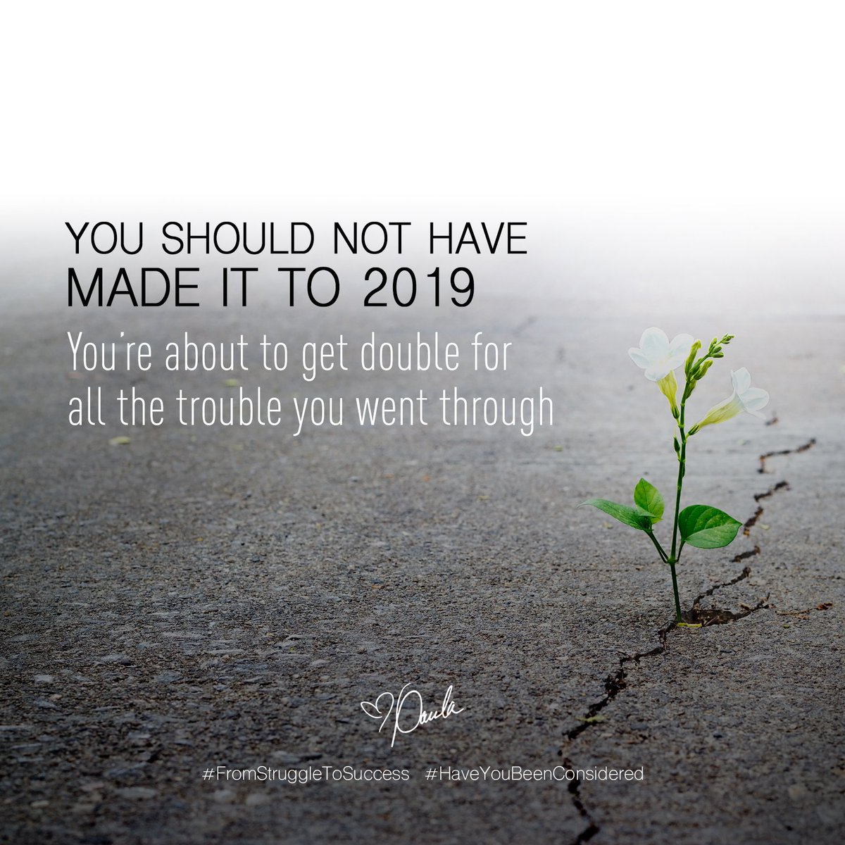 You're about to get double for all the trouble I went through 2019 will be a year of Divine Reversal, Restoration & Vindication. YOUR STRUGGLE WILL TURN TO SUCCESS!! YOUR LATTER IS GOING TO BE GREATER! 
#FromStruggleToSuccess #HaveYouBeenConsidered