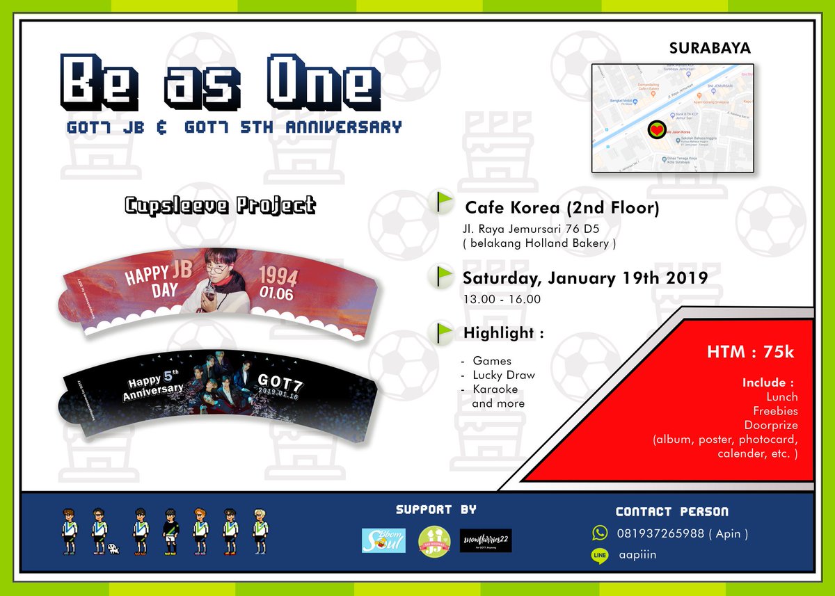 bukanapinn's tweet photo. Be As One 
GOT7 Anniversary &amp; JB Birthday Gathering

Saturday, Jan 19th 
Cafe Korea, Surabaya 

Come and join us to celebrate GOT7 5th Anniversary and JB’s Birthday! 

Photo Exhibition by @PilotMTT_ https://t.co/6vItQtyI8j