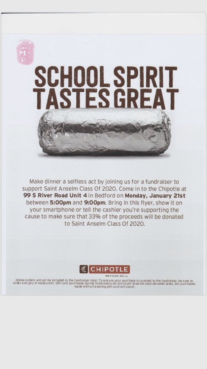 SACclassof2020's tweet photo. No school is always a good excuse for Chipotle!! Help support the class of 2020 and come get Chipotle on Martin Luther King Day (1/21/2019)
Details on flier below⬇️⬇️⬇️ https://t.co/kP7gJSUK2B