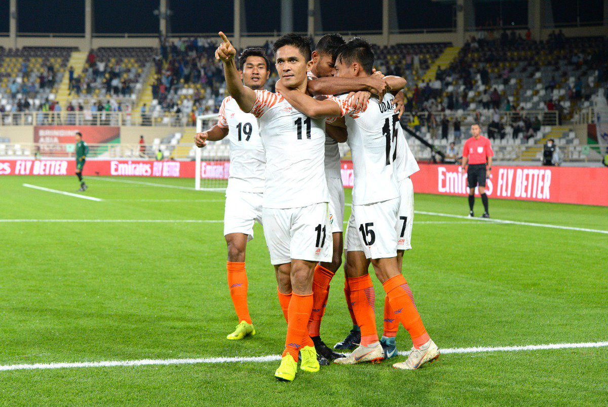 AFC Asian Cup 2019: #INDvTHA
🇮🇳 4- 1 🇹🇭
27' @chetrisunil11 (P), 46'
A Thapa 68'
80' @jejefanai 
🇹🇭 T Dangda 33'

This is India's first win in #AFCAsianCup finals in 55 Years. #AsianCup2019
Photo: AFC Media