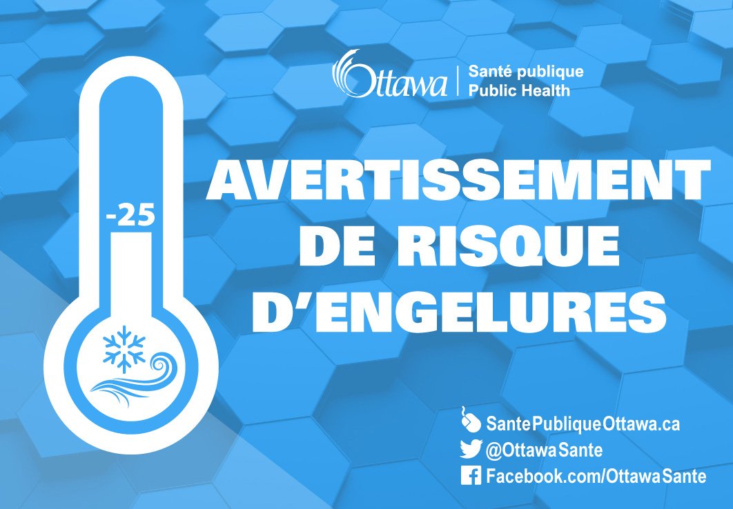 Un avertissement de risque d’engelures sera en vigueur cette nuit et demain matin. 

Assurez-vous que tout le monde est habillé chaudement lors de votre déplacement du matin.  La température ressentie sera -28 degrés.

Protégez-vous du froid :
ow.ly/pCCP30ncUBS