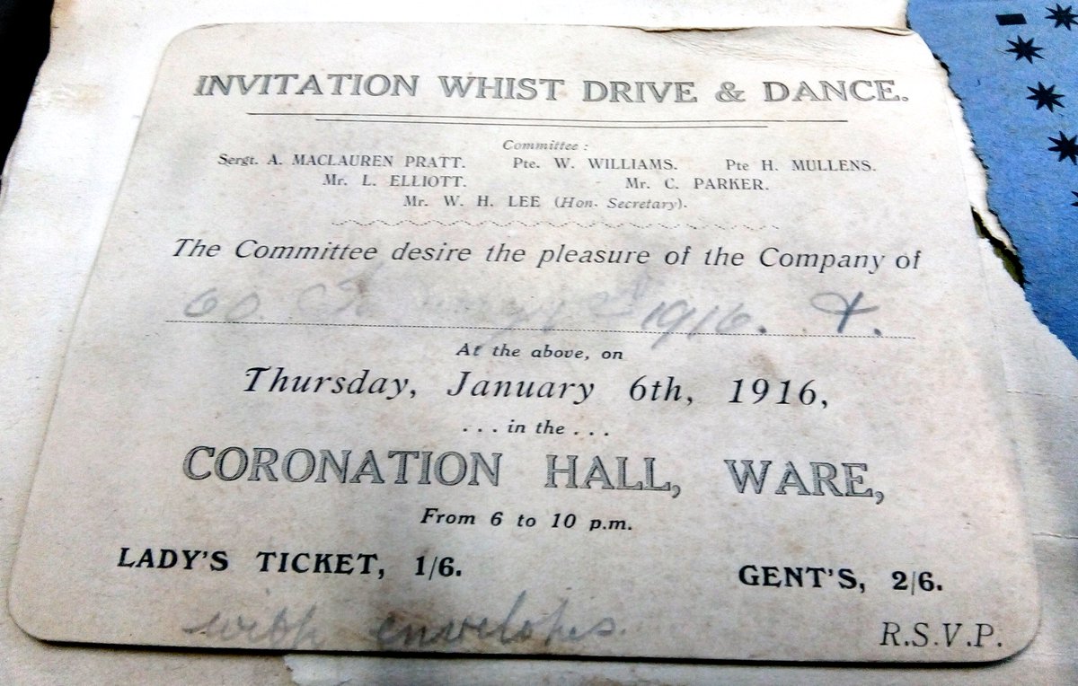 HertsArchives's tweet photo. 103 years past - invitation to a Whist Drive and Dance on the 6th January 1916 from 6-10pm at the Coronation Hall, #Ware - would you have wanted to go? :-) #WareEvents #1916 #ArchiveCuriosities https://t.co/69ZxfCgIt9