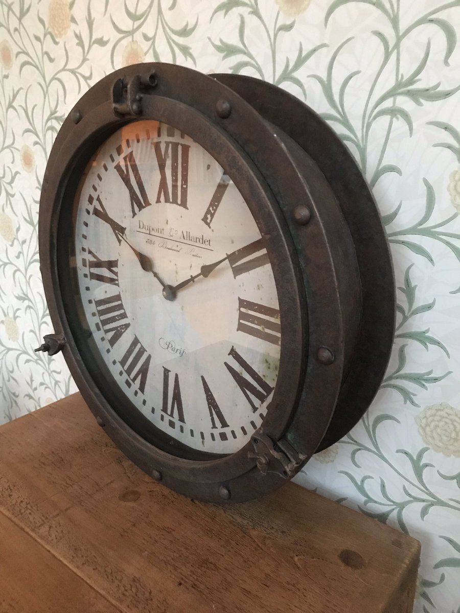 Saltys20's tweet photo. Purchase number 2 for our cottage . . . a quirky ‘pothole’ clock, for above the fireplace. It weighs a tonne, but I reckon it’ll look perfect ❤️ #lovebrixham #holidaycottage #brixhamtweets #devonholidays #Torbay #nauticalclock https://t.co/9l3ofLRDL4