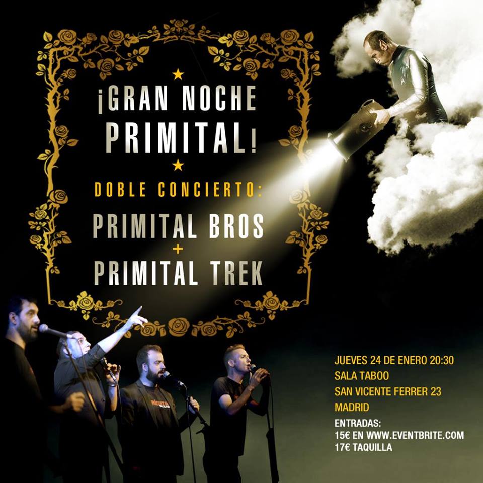 Los universos paralelos del Primital confluyen por primera vez en el espacio-tiempo para producir un entrelazamiento cuántico sin igual: <a href="/PrimitalBros/">Primital Brothers</a> vs <a href="/PrimitalTrek/">PrimitalTrek</a>. ¡No te quedes en Tierra! 🖖 <a href="/SalaTaboo/">Sala Taboo</a> en Malasaña el Jueves 24 de Enero: goo.gl/TBZVnD