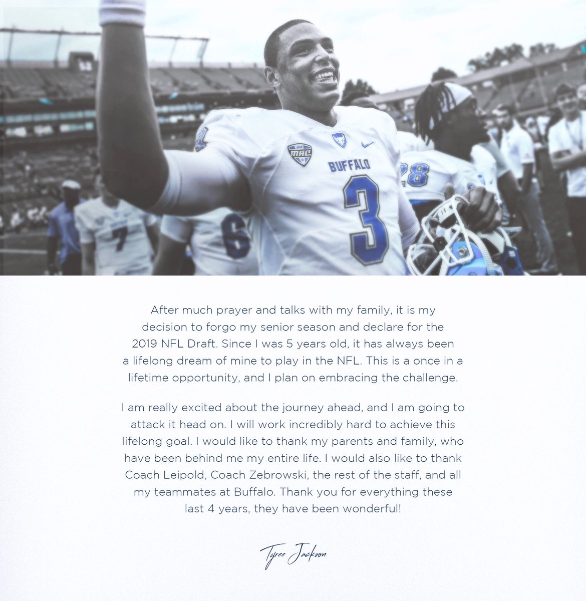UBuffaloFB's tweet photo. We wish you the best, Tyree. You’ll forever be a Bull! #ForeverABull https://t.co/pKWCt9rmBT