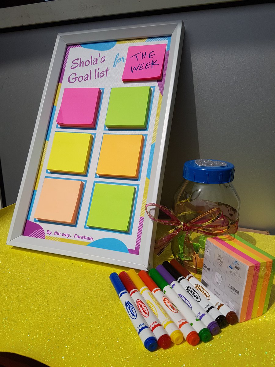 TheSholaAjayi's tweet photo. Guys, I made this personalized goal/task frame. It comes with an extra pack of sticky notes, 3 pens, &amp; a Jar to keep all your done task/goals. At the end of the year/month/week, you can go thru all d tasks done. It is 15k. Small one is 10k.
Please RT so I can reach customers 😭❣ https://t.co/Rb7IdQqhgr