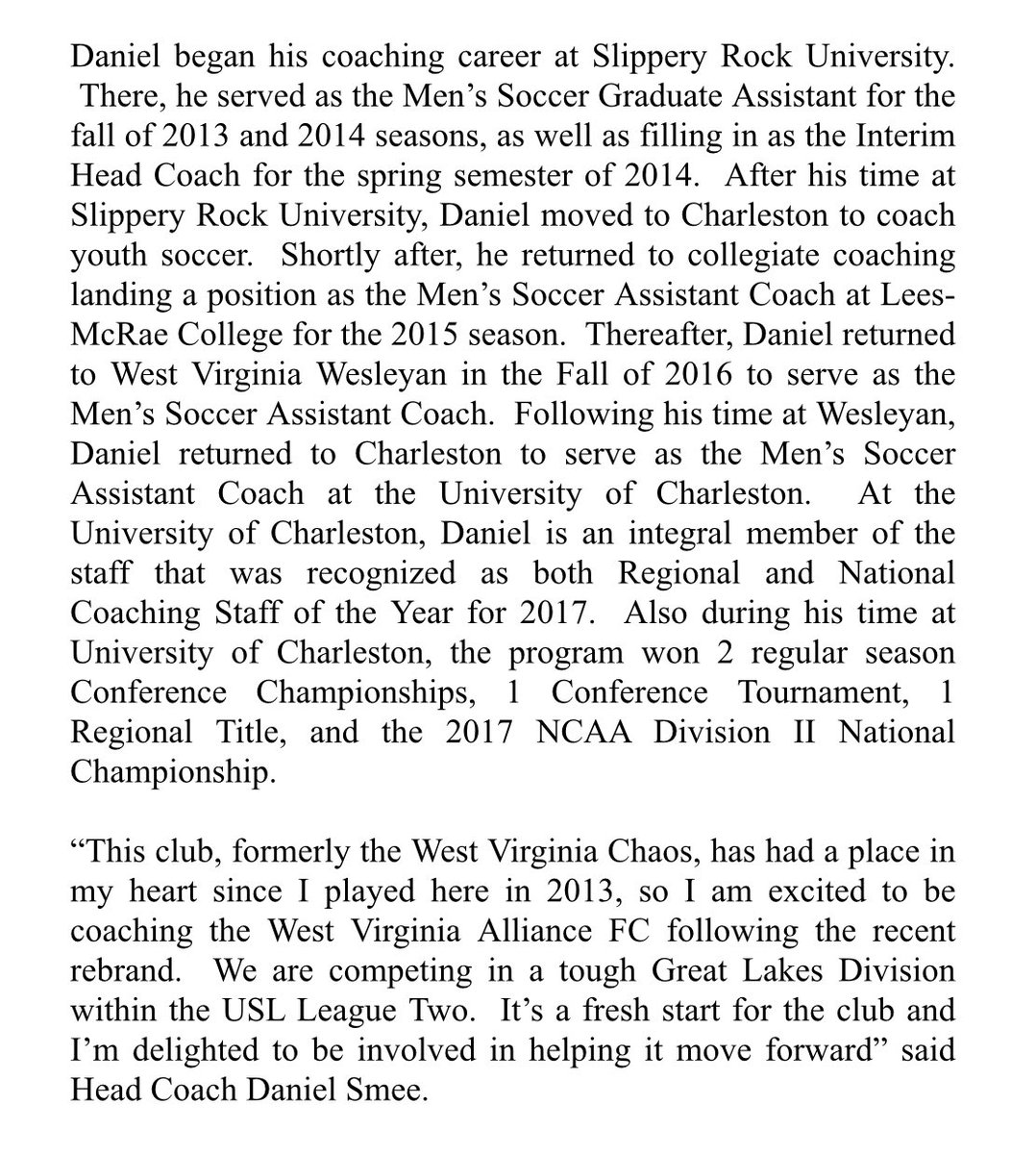 wvutd's tweet photo. BREAKING:  Daniel Smee joins the West Virginia Alliance FC as Head Coach 

#TheAlliance #Path2Pro @USLLeagueTwo https://t.co/9pR6p0VTMe