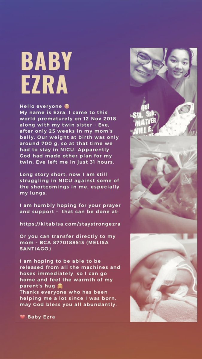 Zequilinia's tweet photo. https://t.co/xHZKI9xQLt

temen2 mari bantu Ezra untuk cepet lepas mesin dan speed recover agar bisa cepet pulangg ke rumah bersama papa &amp; mama (Mommy : Melissa Santiago &amp; Daddy : Anton Darsono) https://t.co/pHV1mLYM5Y