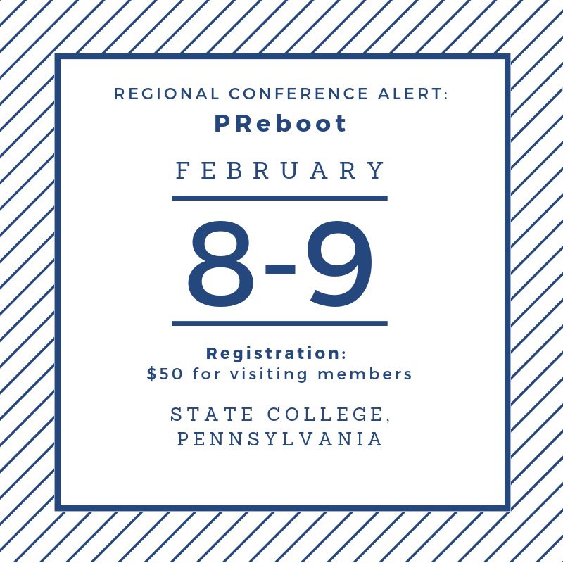 prssaofficial's tweet photo. #PRSSARC Alert! @PennStatePRSSA is hosting PReboot on Feb. 8-9, 2019 — Learn more and register here: https://t.co/a1NKU9MEoc https://t.co/VVN2AB3dTc