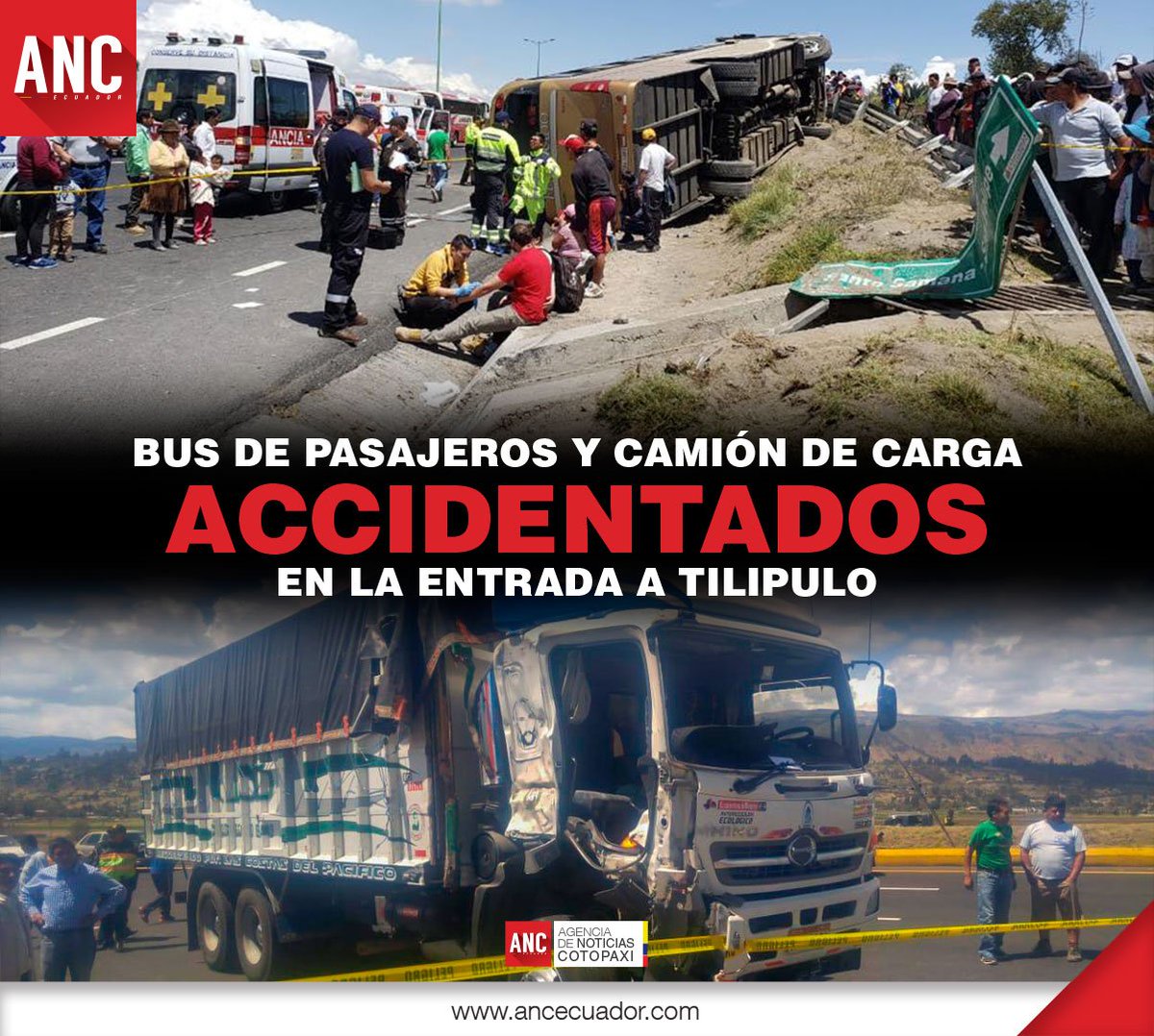ANCecuador's tweet photo. Mediante el sistema ECU911 Ambato se dio alerta del accidente de tránsito en la E-35 a la altura de la entrada a Tilipulo, en #Cotopaxi en sentido sur-norte. ocasionando el volcamiento de este último dejando varias personas heridas que fueron llevadas a diferentes casas de salud https://t.co/DBGySsBtsR