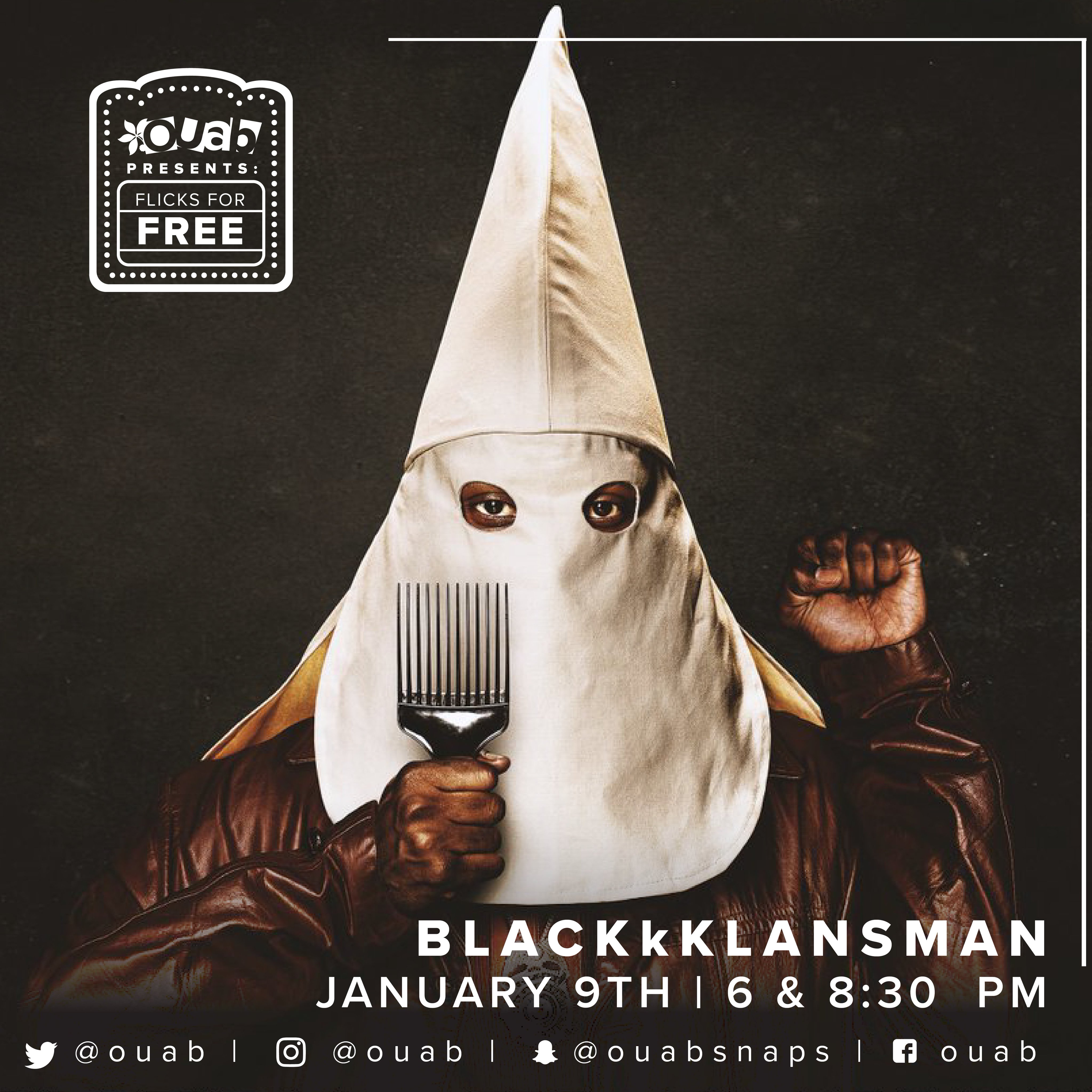 ouab on X Flicks for Free is back This week s movie is BlacKkKlansman. Come to the Union on Wednesday for free popcorn drinks and an amazing movie https t 20TOWmWXU2 X