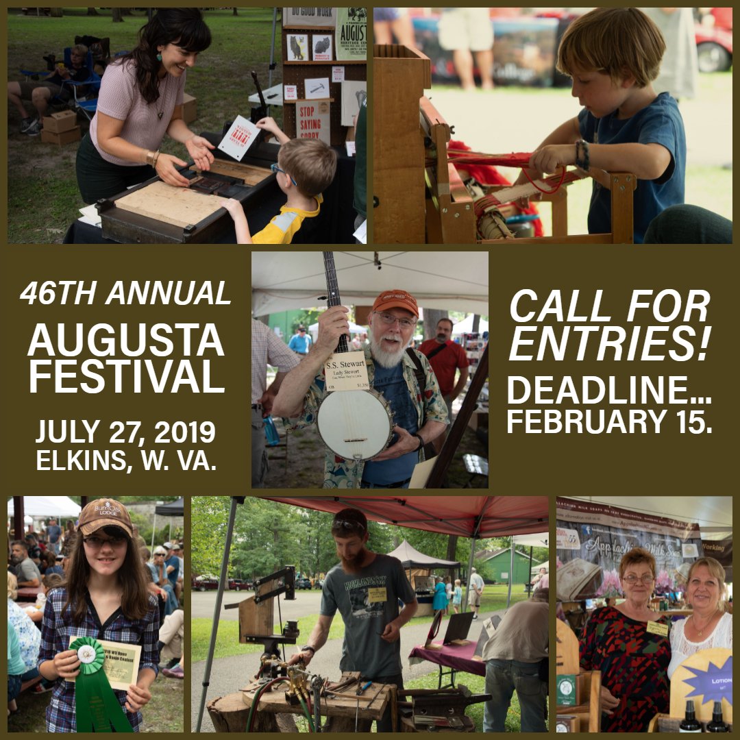 Calling all artists! <a href="/AugustaHeritage/">Augusta Heritage</a> is accepting applications from artists wishing to participate in the 2019 Augusta Festival on 7/27/19.  Application deadline  is 2/15. Info and to apply online, visit ow.ly/g6kz30ncYxG.  Questions? Call (304) 637-1209. Spread the word!