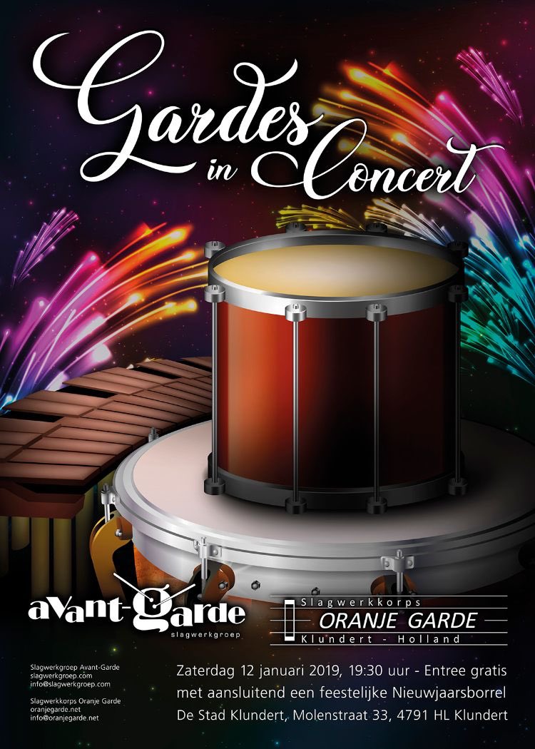 Zaterdag 12/1 geven Slagwerkgroep Avant-Garde en Slagwerkkorps Oranje Garde een gezamenlijk nieuwjaarsconcert in “De Stad”.
Zaterdag 12 januari
De Stad Klundert, Molenstraat 33
Van 19:30u tot ca. 21:30u Aansluitend Nieuwjaarsborrel
Gratis entree