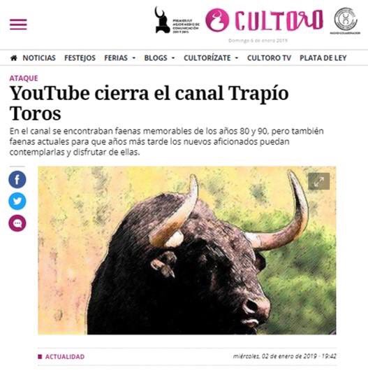 AnimalGuar's tweet photo. Denuncia!! YouTube ha cerrado la página Trapío Toros pero aún la siguen teniendo en Facebook (https://t.co/Rri8FYUaOX ) Entra y denúnciala por violencia para que la cierren también. Basta de apología a la tortura animal #TauromaquiaEsViolencia https://t.co/3BkWCIMLKd