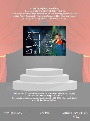 PPinmore's tweet photo. Tickets now available for award winning musician and singer Mairi Campbell's One Woman Show Auld Lang Syne. Pinwherry Village Hall 26th January 7.30pm. Tel. Morag Campbell 01465 841641 https://t.co/x9AMdTRKWf