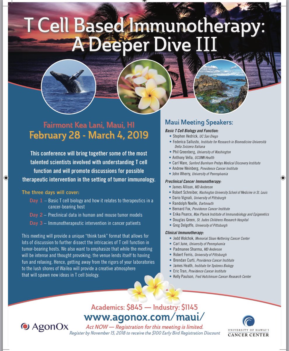 Hard to believe! #JPM19 is here &amp; “T Cell Based #Immunotherapy: A Deeper Dive III” is less than 2 months away! INCREDIBLE Speaker lineup with time for discussion &amp; in #Maui /Still room to attend! agonox.com/maui/ 
<a href="/PCF_Science/">PCF Science</a> <a href="/agon_ox/">AgonOx</a> <a href="/JohnCendpts/">John Carroll</a> SEE YOU AT #JPM2019