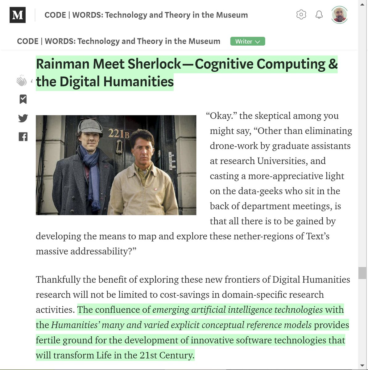 Jim_Salmons's tweet image. Incorporating prior knowledge (AKA #PrecisionLearning) seems at the nexus of, movie-wise speaking, the collaboration b/t Rainman and Sherlock. Our #DigitalHumanities challenge is to bring our subject matter models into #MachineLearning pipelines. 2/4 medium.com/code-words-tec…
