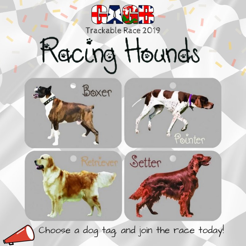 TheGAGB's tweet image. BIG NEWS! We are running a trackable race in 2019. Choose a breed, buy the tag from our Online Shop, and place it in a cache or event to start its journey. 
* More info and race standings: bit.ly/2ReF6Aw
* Get your tag: bit.ly/2sdL9GY 
The race begins on Sat 🏁