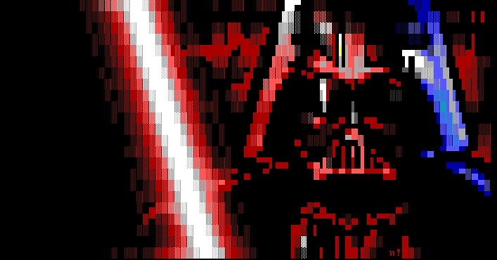 “Anakin”, the second of three red lightsaber wielding badasses in textmode.

#anakinskywalker #darthvader #sithlord #lightsaber #badass #galacticempire #starwars #scifi #movie #ansiart #textmode #computerart #digitalart