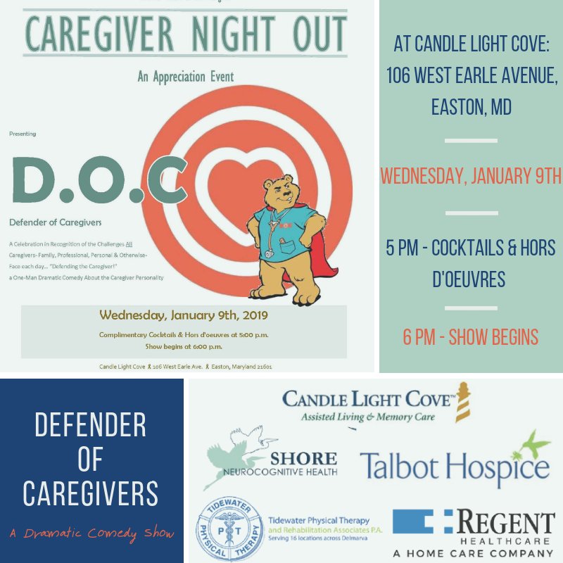 TidewaterPT84's tweet photo. 🚨Attention Caregivers🚨This Wednesday, join us for a Caregiver's night out at Candle Light Cove in Easton! Cocktails and Hors D'oeuvre's will be served at 5pm and the one-man dramatic comedy show, by the D.O.C (Defender of Caregivers) will begin at 6pm! We hope see you there! https://t.co/6ZczntzQzF