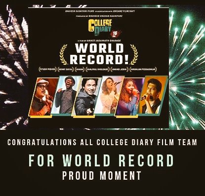 kore_mayu's tweet photo. Congrats for WorldRecord college Diary film
@CollegeDiary2 #collegediary
#marathi #marathifilm
@singer_shaan @itsShalmali
@Benny_Dayal #anandijoshi #piyushmishra @abhinandanphoto @KrunalMetha @ShrihariMirasd2 #niranjanpedgaonkar
#ravafamily #marathi
#म #pune #mumbai https://t.co/IHaGC7p5aP